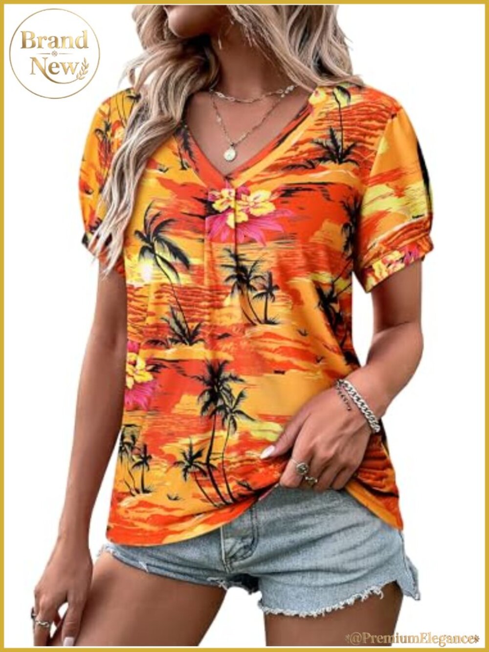 Womens Puff Short Sleeve Hawaiian Shirt Floral Tropic Pleated V Neck Blouse
